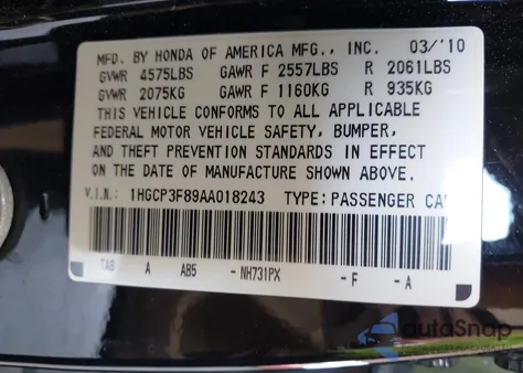 2010 Honda Accord 3.5 Ex-L z USA, uszkodzony, nr VIN 1HGCP3F89AA018243
